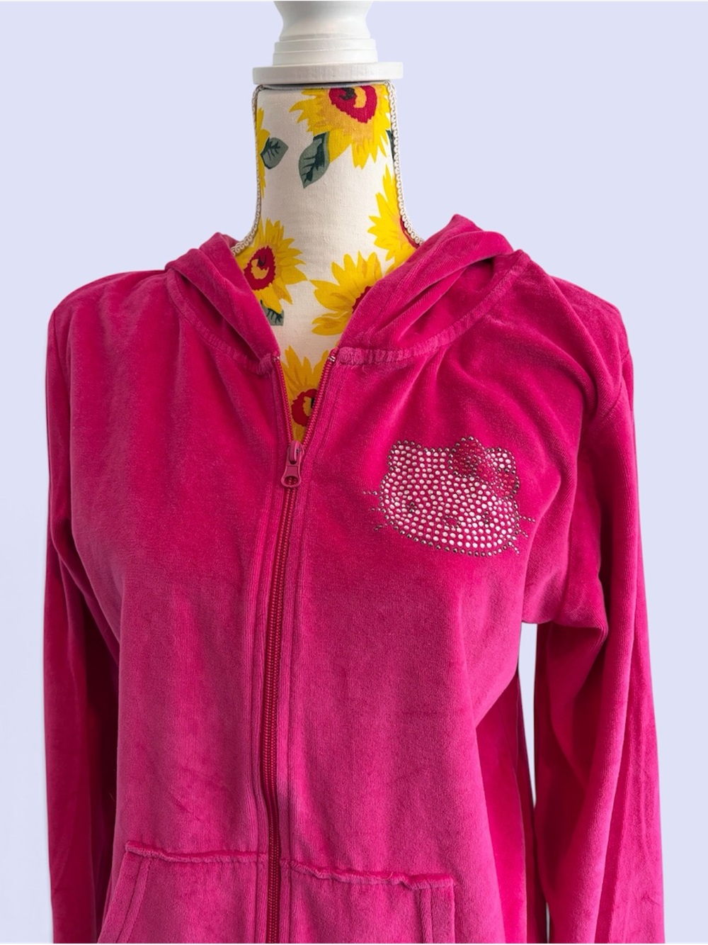 Y2K Hello Kitty Pink Velour Zip Front Hoodie | Size Large